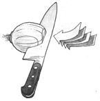 The onion is laid on the flat base made by the side slice and is cut horizontally four or five times.